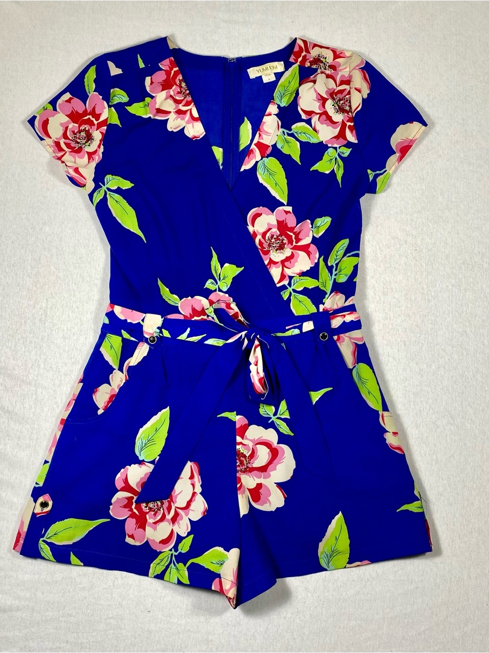Yumi Kim Blue Floral Romper S V-Neck Belted Floral